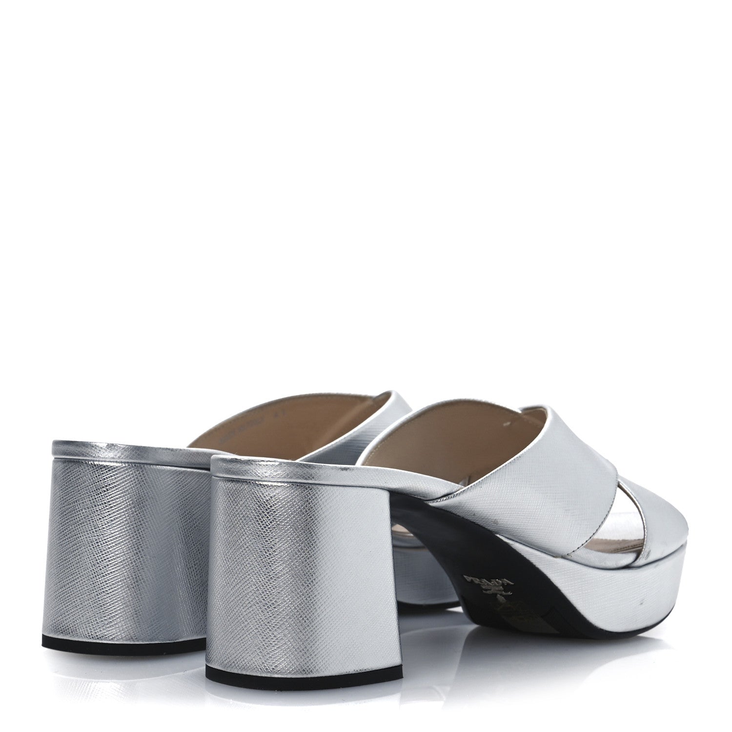Prada Metallic Saffiano Crisscross Platform Sandals 41 Silver 5 of 16