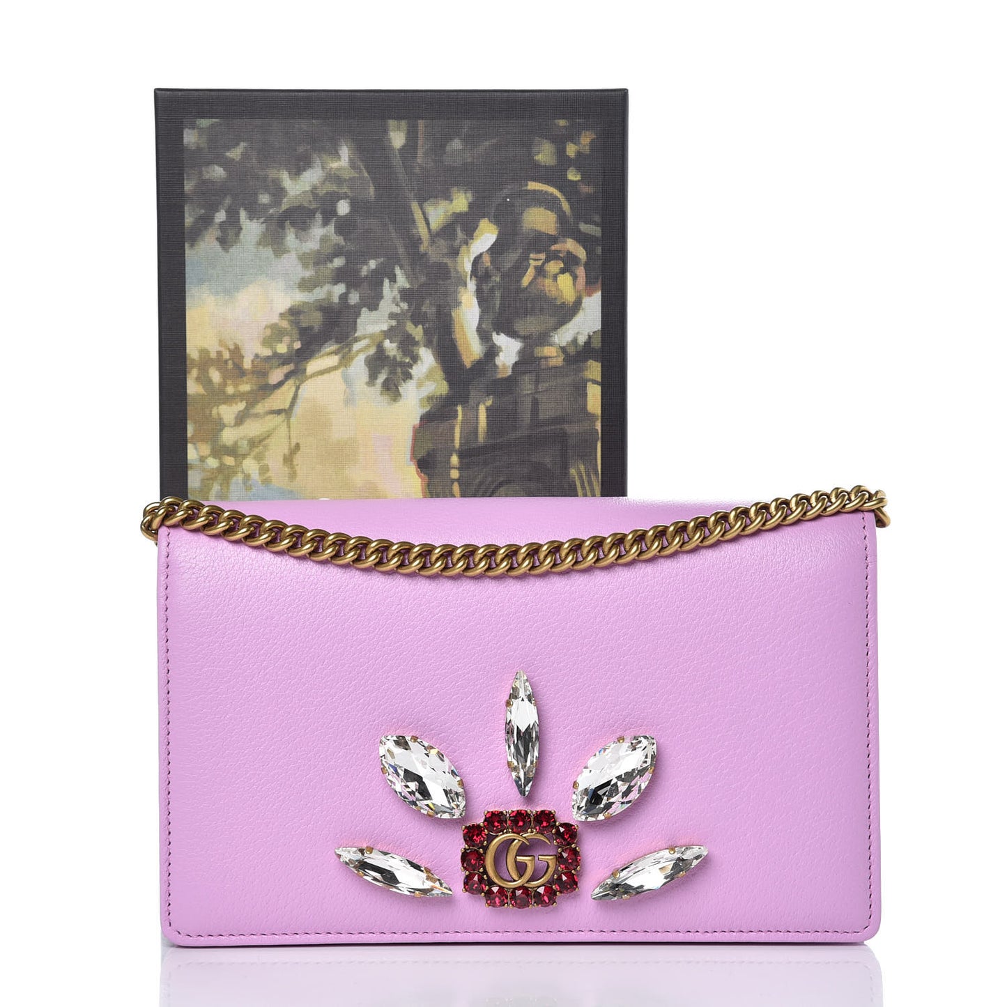 Calfskin Marquise Crystals Mini GG Chain Wallet Malva