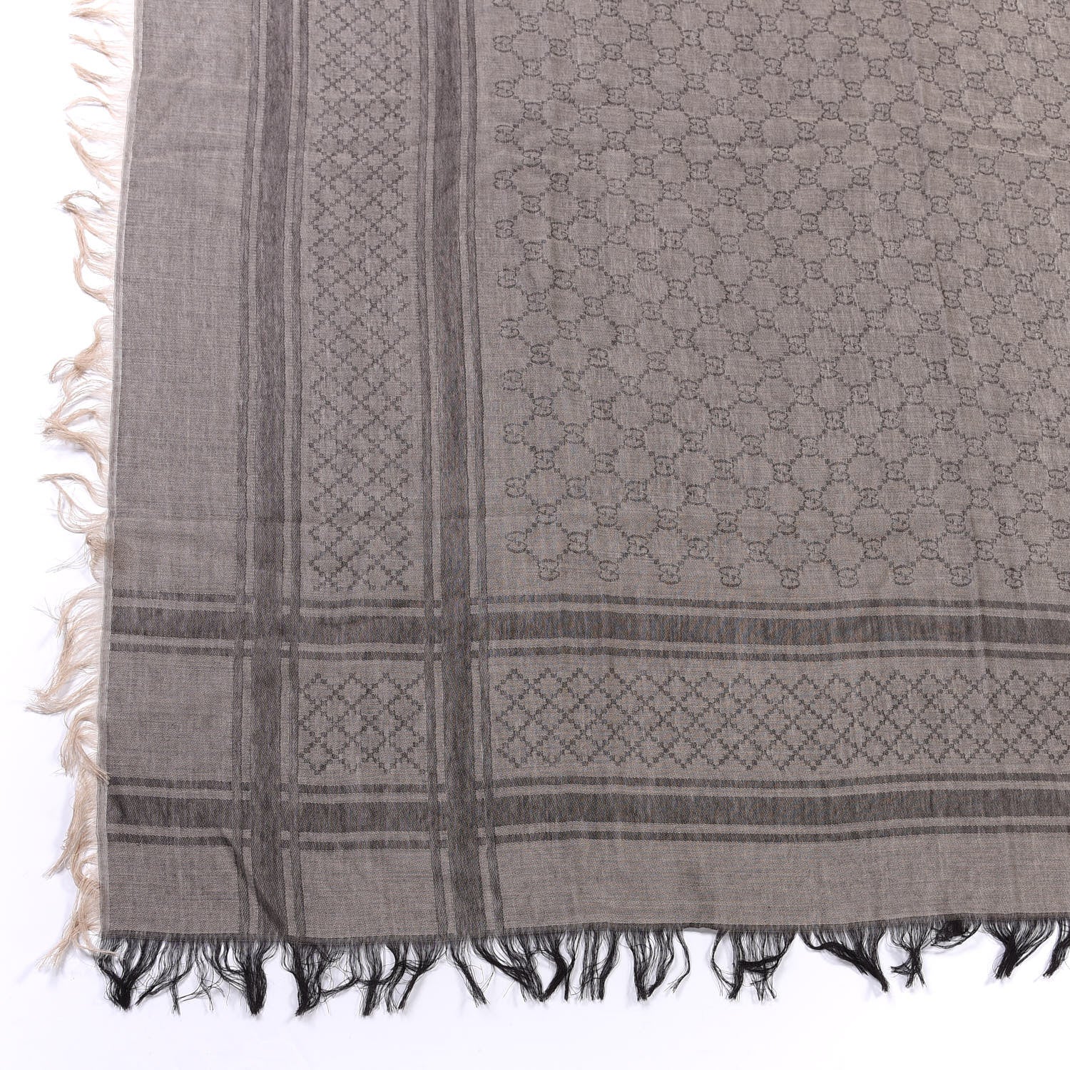 Gucci Wool Silk GG Monogram Diamante Plaid Surviee Shawl Beige Dark Brown 2 of 4