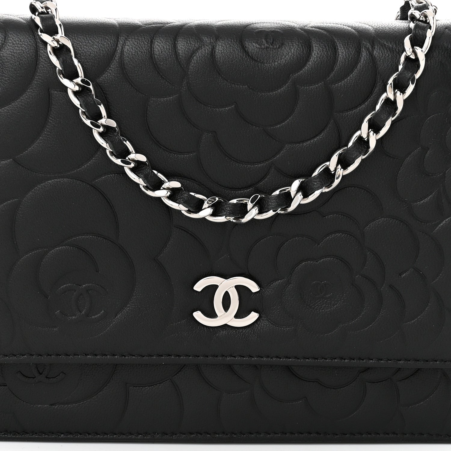 Chanel Lambskin Camellia Embossed Wallet On Chain WOC Black 9 of 11