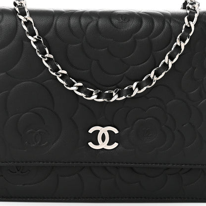 Chanel Lambskin Camellia Embossed Wallet On Chain WOC Black 9 of 11