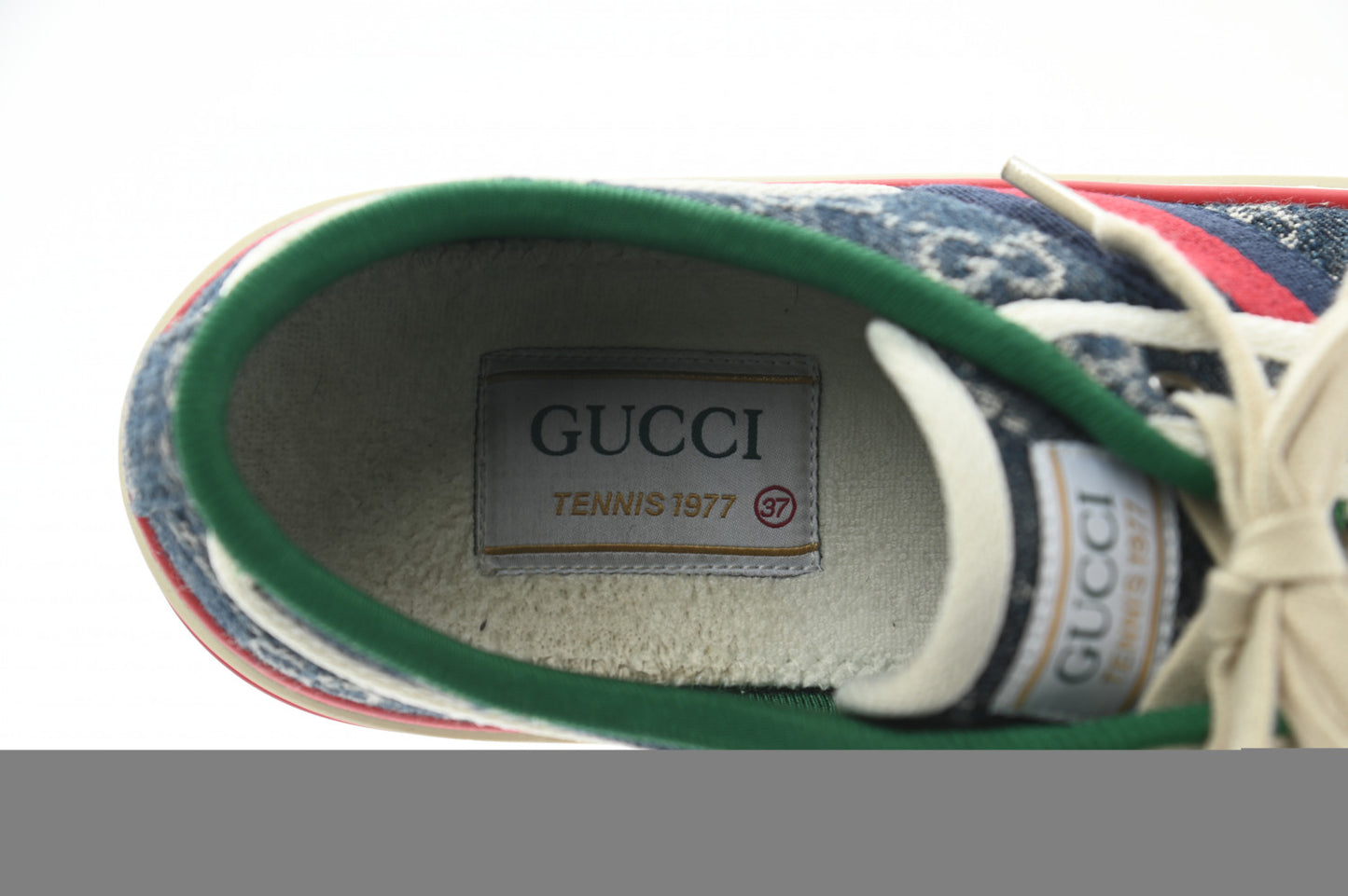 New Denim GG Monogram Web Womens 1977 Tennis Sneakers 37 Blue Tea Mystic White