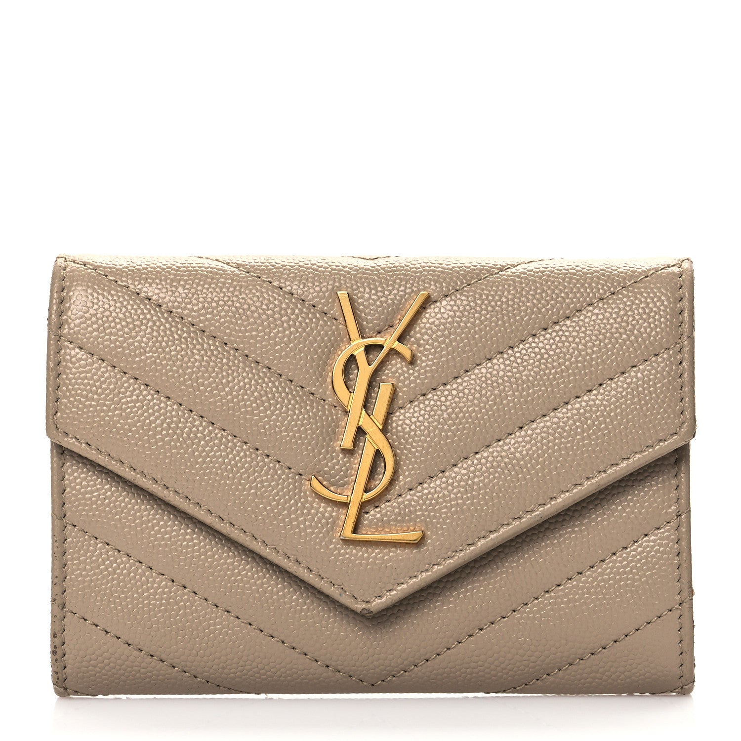 Saint Laurent Grain De Poudre Matelasse Chevron Small Monogram Envelope Wallet Dark Beige 1 of 8