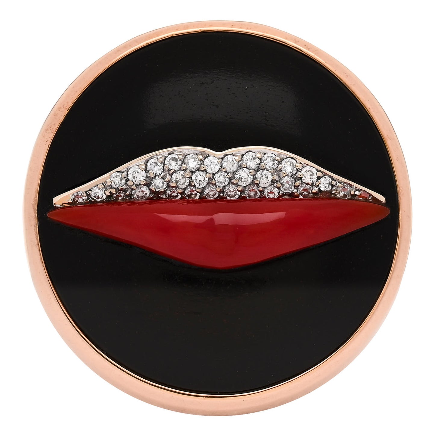 18K Rose Gold Diamond Jet Coral Enigma Lips Ring 56 7.5