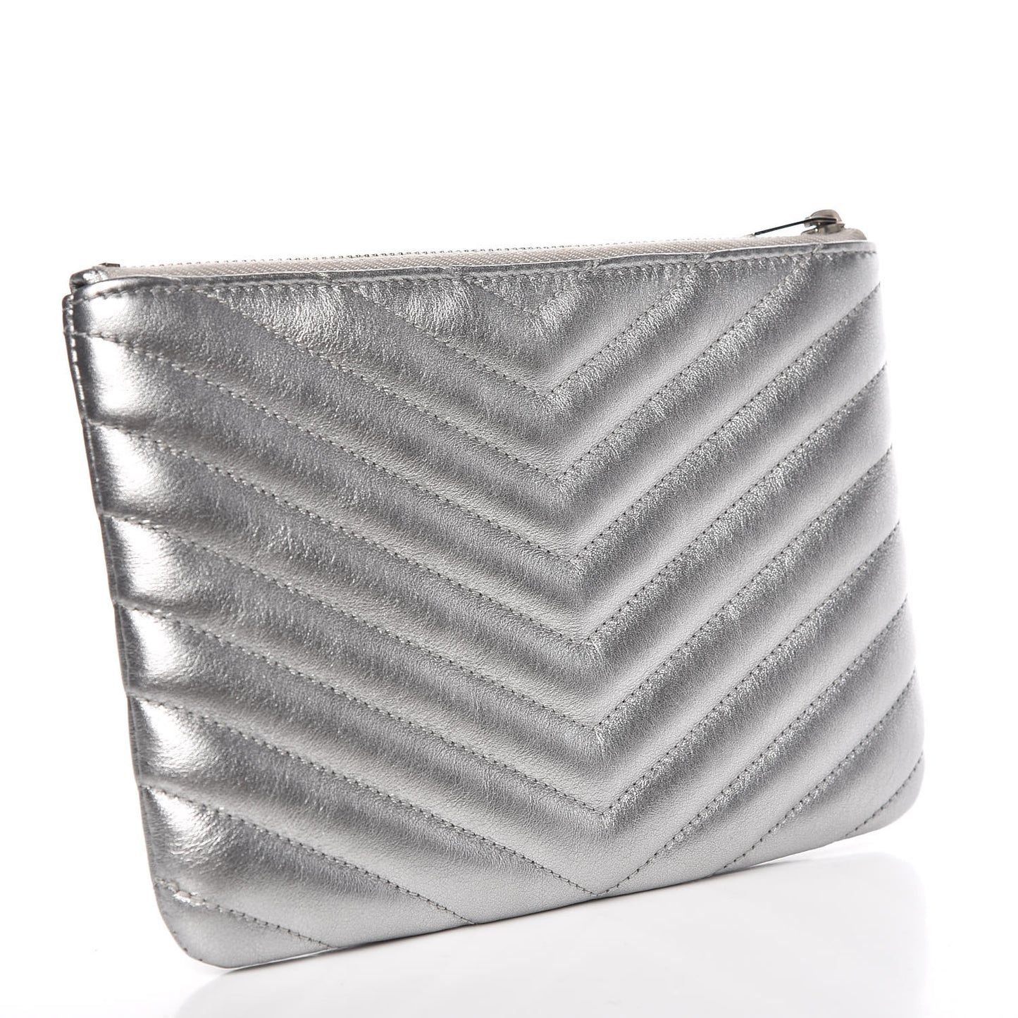 Metallic Calfskin Matelasse Chevron Monogram Pouch Silver