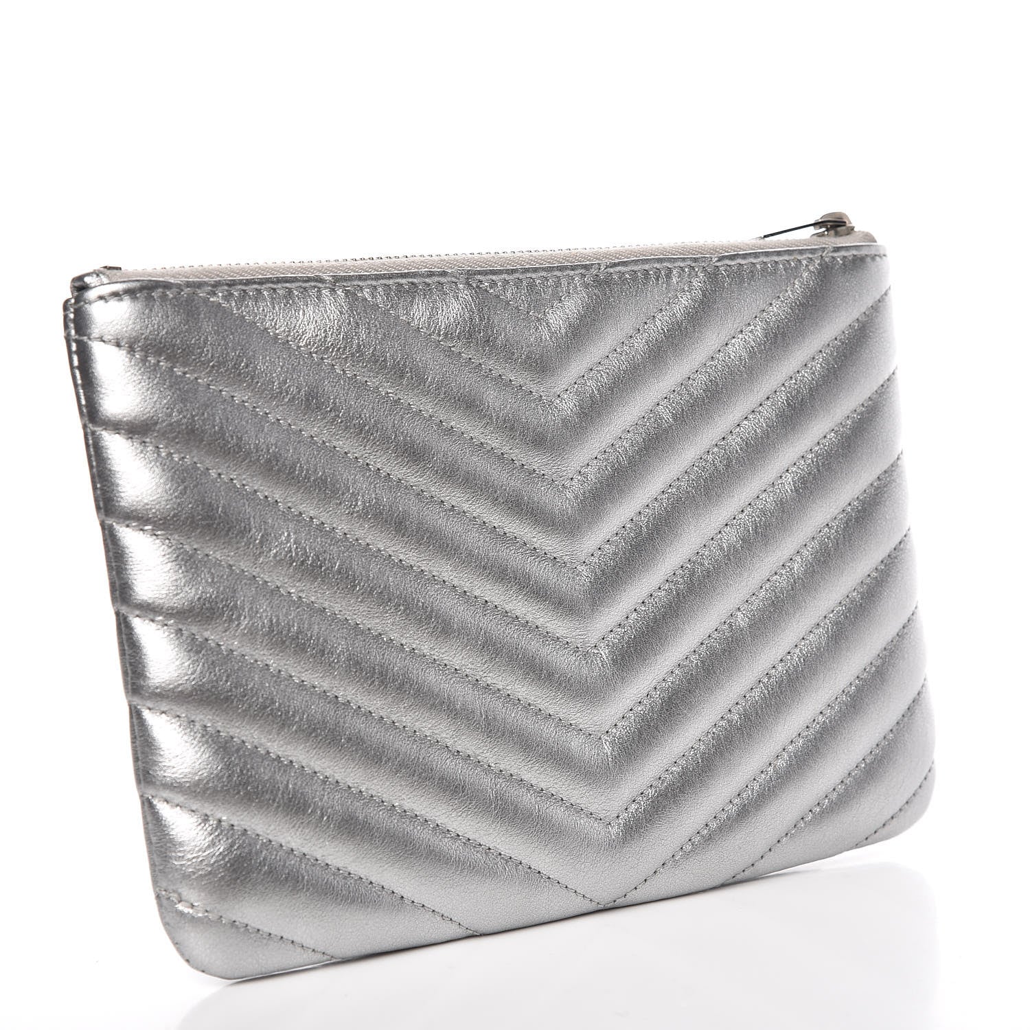 Saint Laurent Metallic Calfskin Matelasse Chevron Monogram Pouch Silver 3 of 16