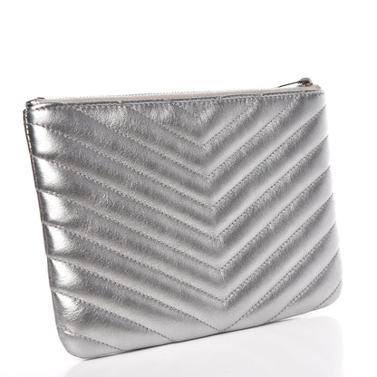 Saint Laurent Metallic Calfskin Matelasse Chevron Monogram Pouch Silver 3 of 16