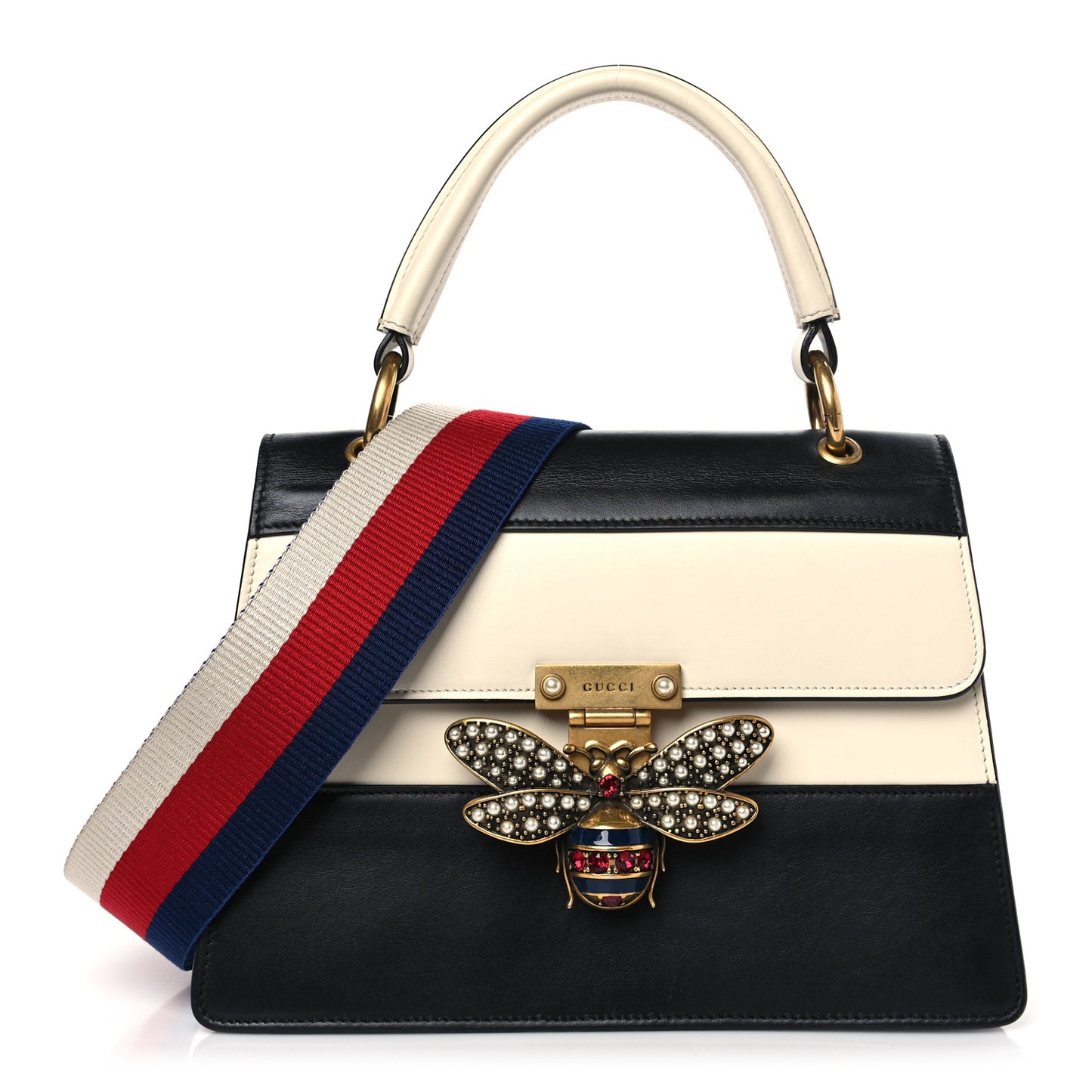 Calfskin Sylvie Web Small Queen Margaret Top Handle Bag Black White