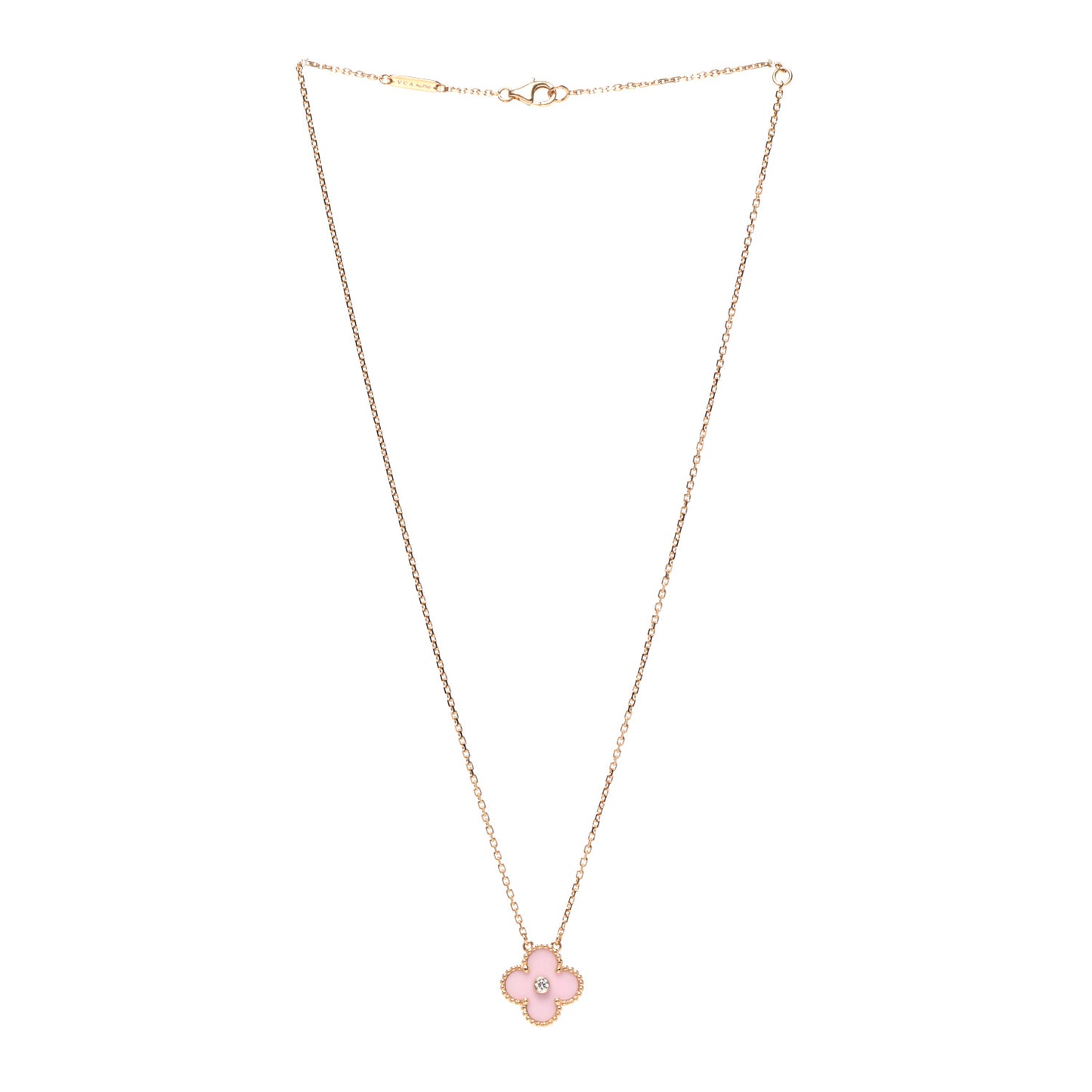 18K Rose Gold Diamond Pink Porcelain Vintage Alhambra Pendant Necklace