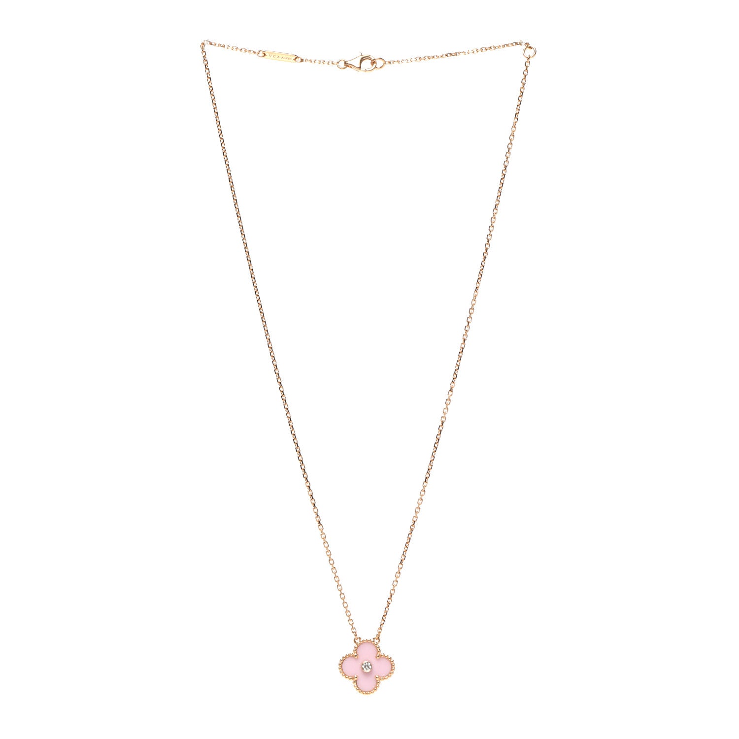 Van Cleef & Arpels 18K Rose Gold Diamond Pink Porcelain Vintage Alhambra Pendant Necklace 3 of 5