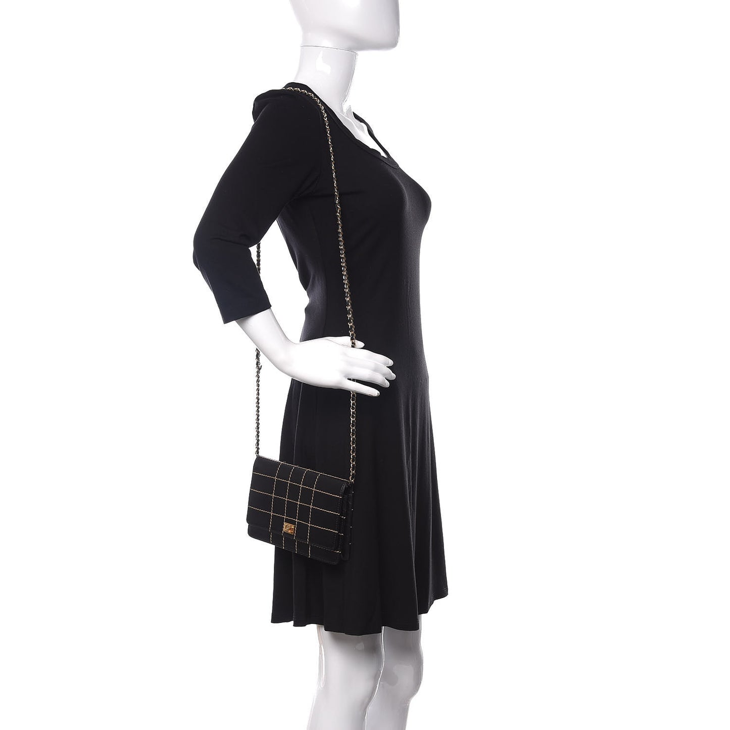 Calfskin Stitched Square Quilted Wallet On Chain WOC Black