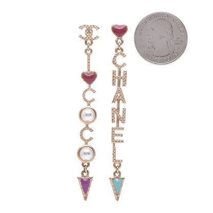 Chanel Pearl Enamel Logo Long Drop Earrings Gold 2 of 5