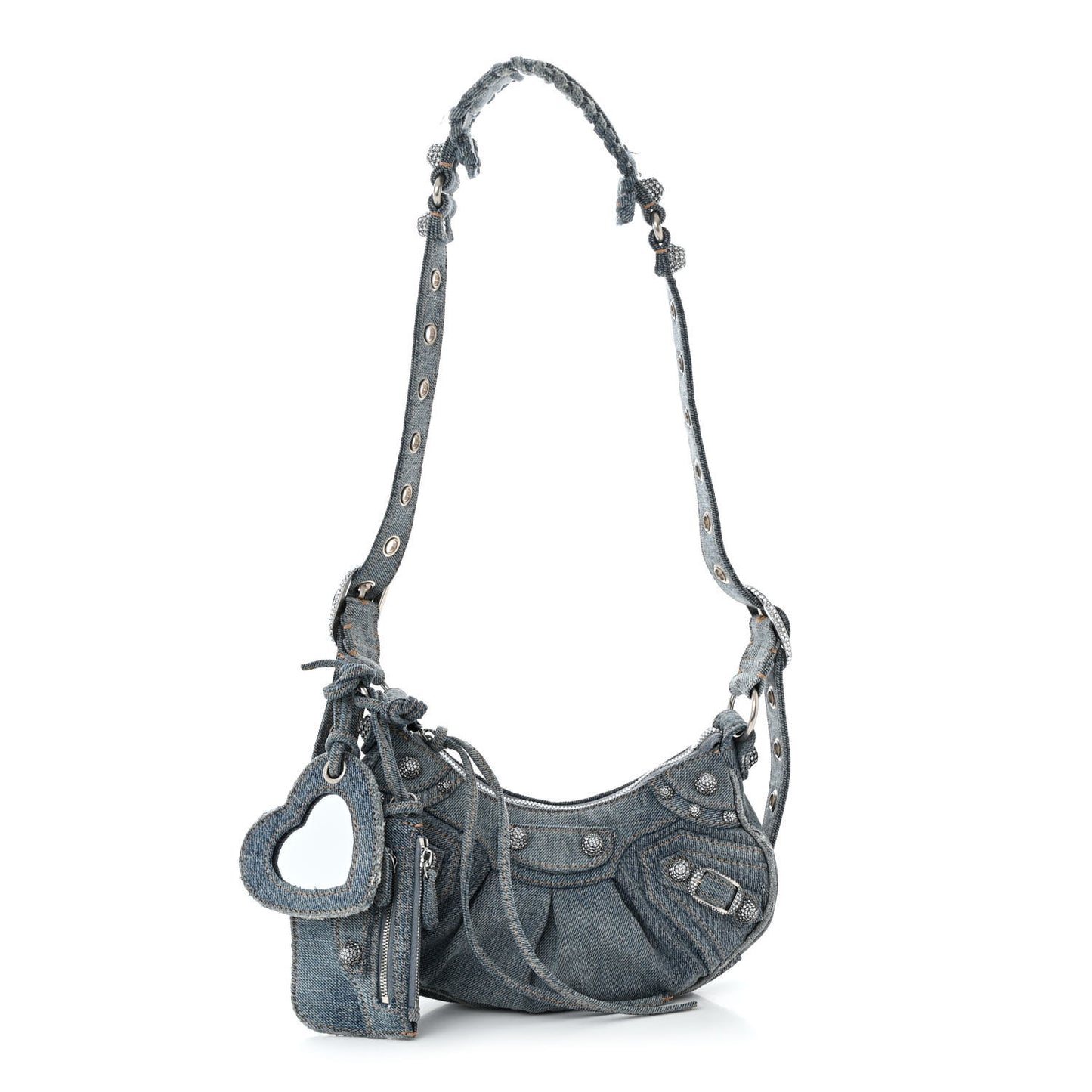 Washed Frayed Denim Crystal Le Cagole Shoulder Bag XS Blue
