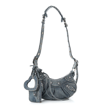 Balenciaga Washed Frayed Denim Crystal Le Cagole Shoulder Bag XS Blue 3 of 11