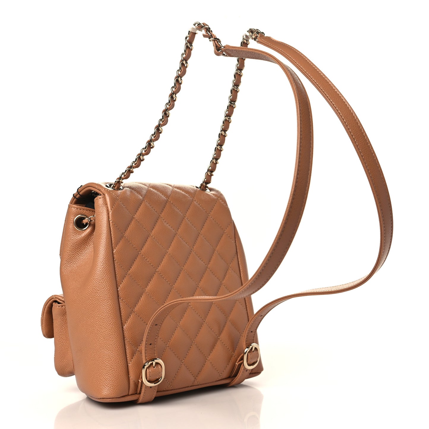 Shiny Caviar Quilted Medium Duma Pockets Drawstring Backpack Dark Beige