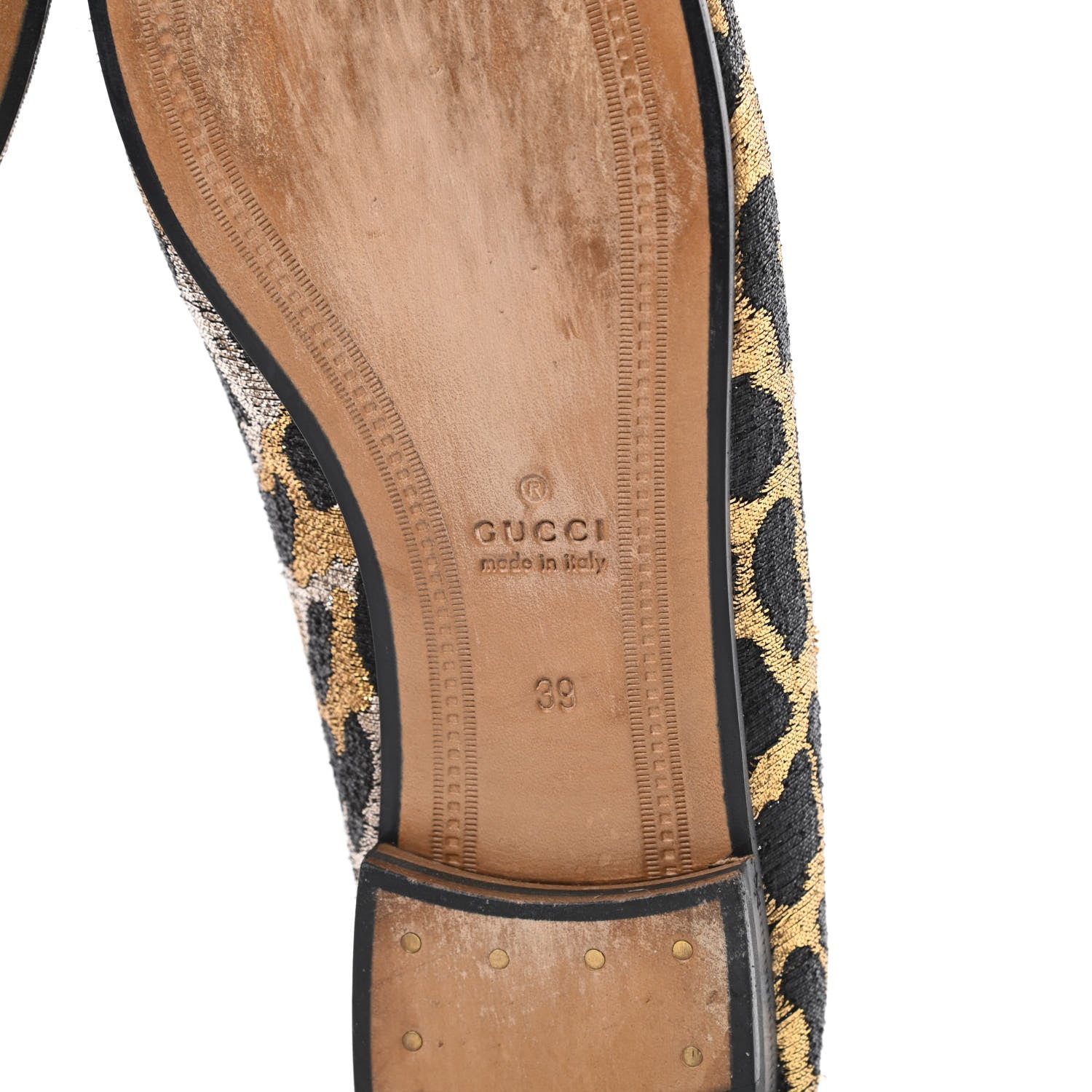 Gucci Jacquard Leopard Print Horsebit Womens Jordaan Loafers 39 Gold 6 of 10