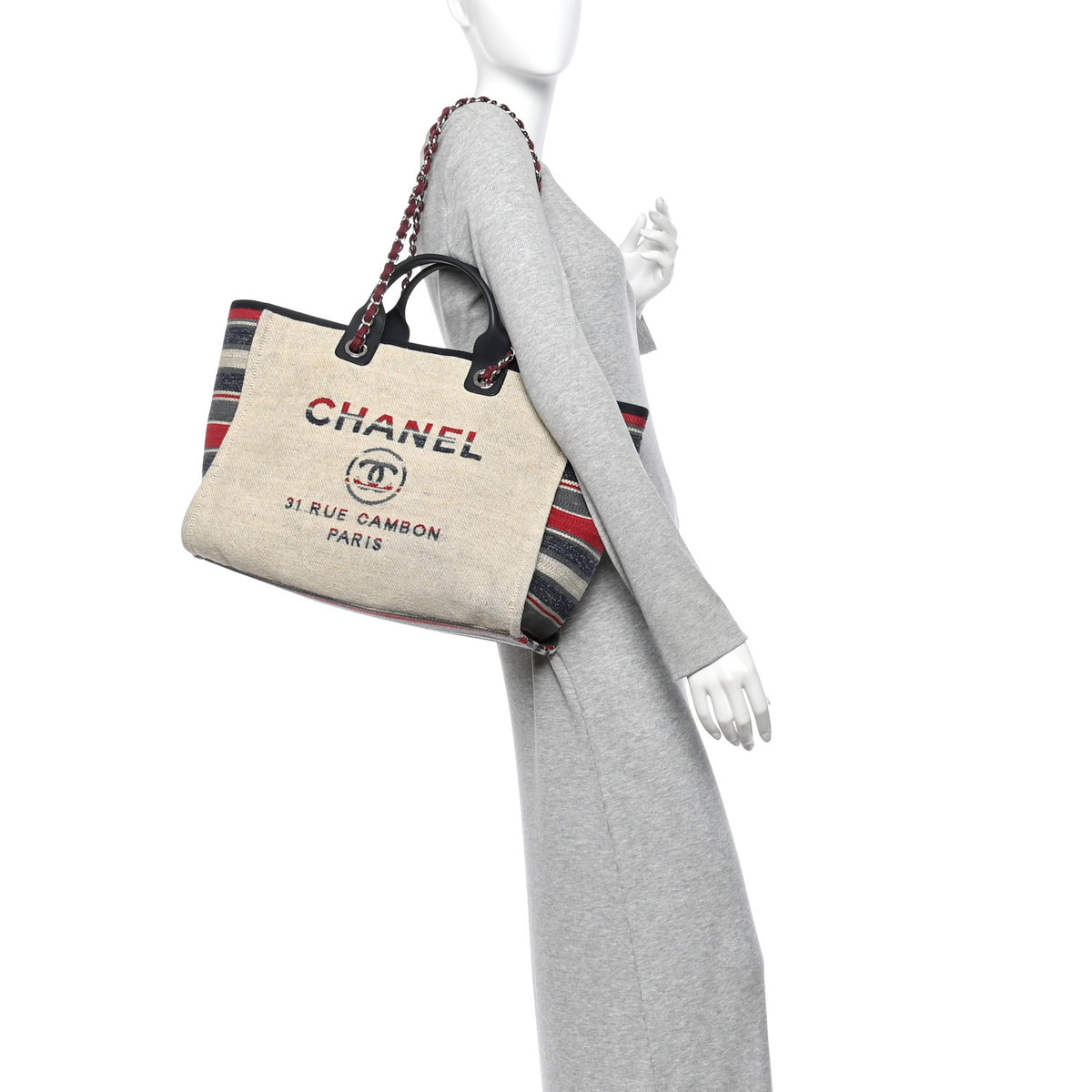 Chanel Striped Canvas Medium Deauville Tote Beige 2 of 10
