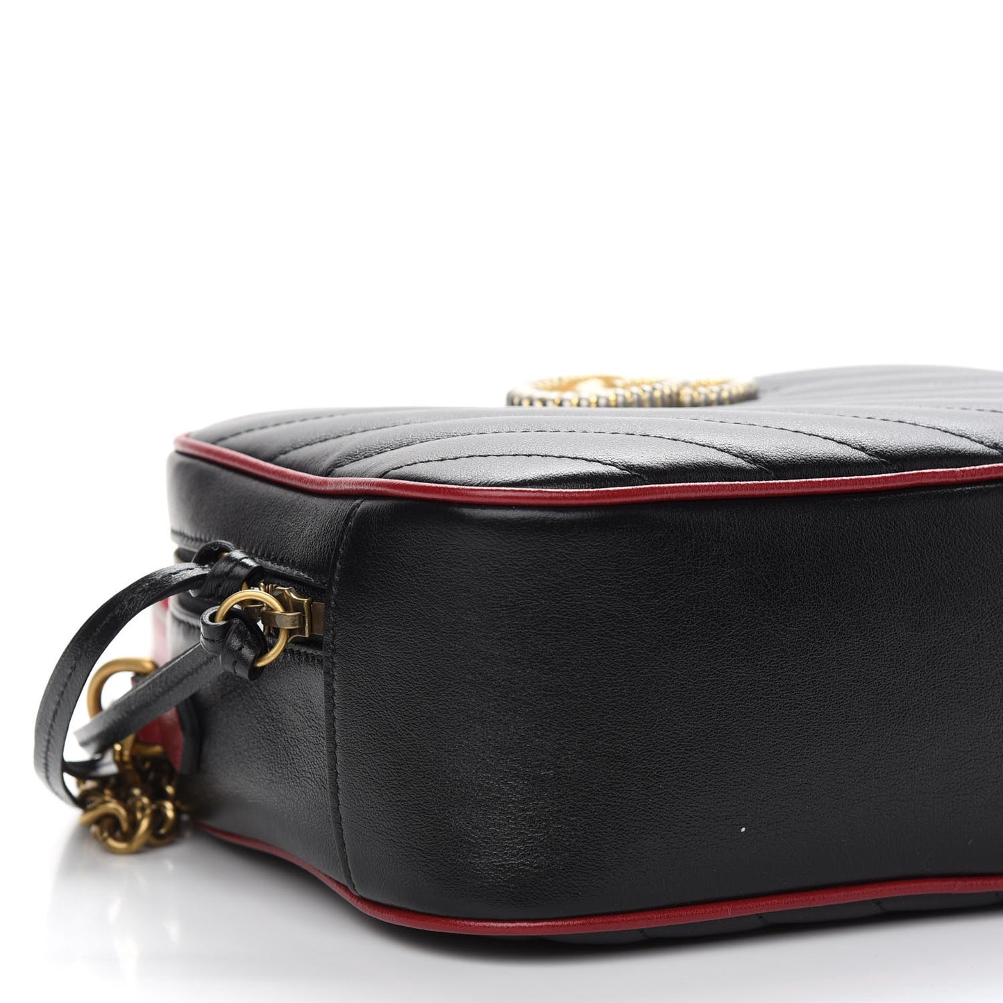 Vintage Effect Calfskin Matelasse Diagonal Small Torchon GG Marmont Bamboo Top Handle Shoulder Bag Black Romantic Cherry