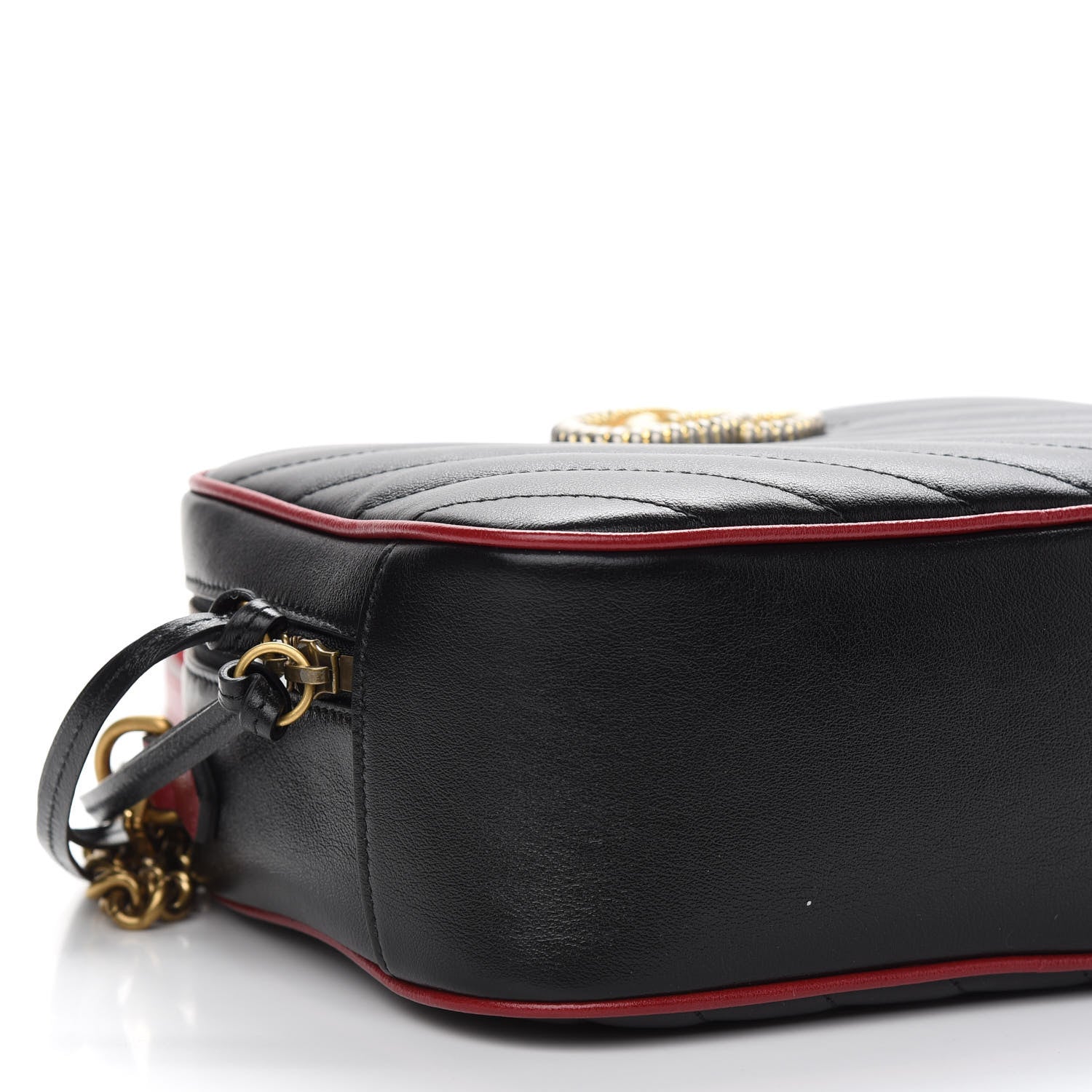 Gucci Vintage Effect Calfskin Matelasse Diagonal Small Torchon GG Marmont Bamboo Top Handle Shoulder Bag Black Romantic Cherry 8 of 9