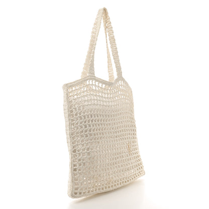 Prada Yarn Raffia Effect Crochet Logo Embroidered Tote Bag White 3 of 12