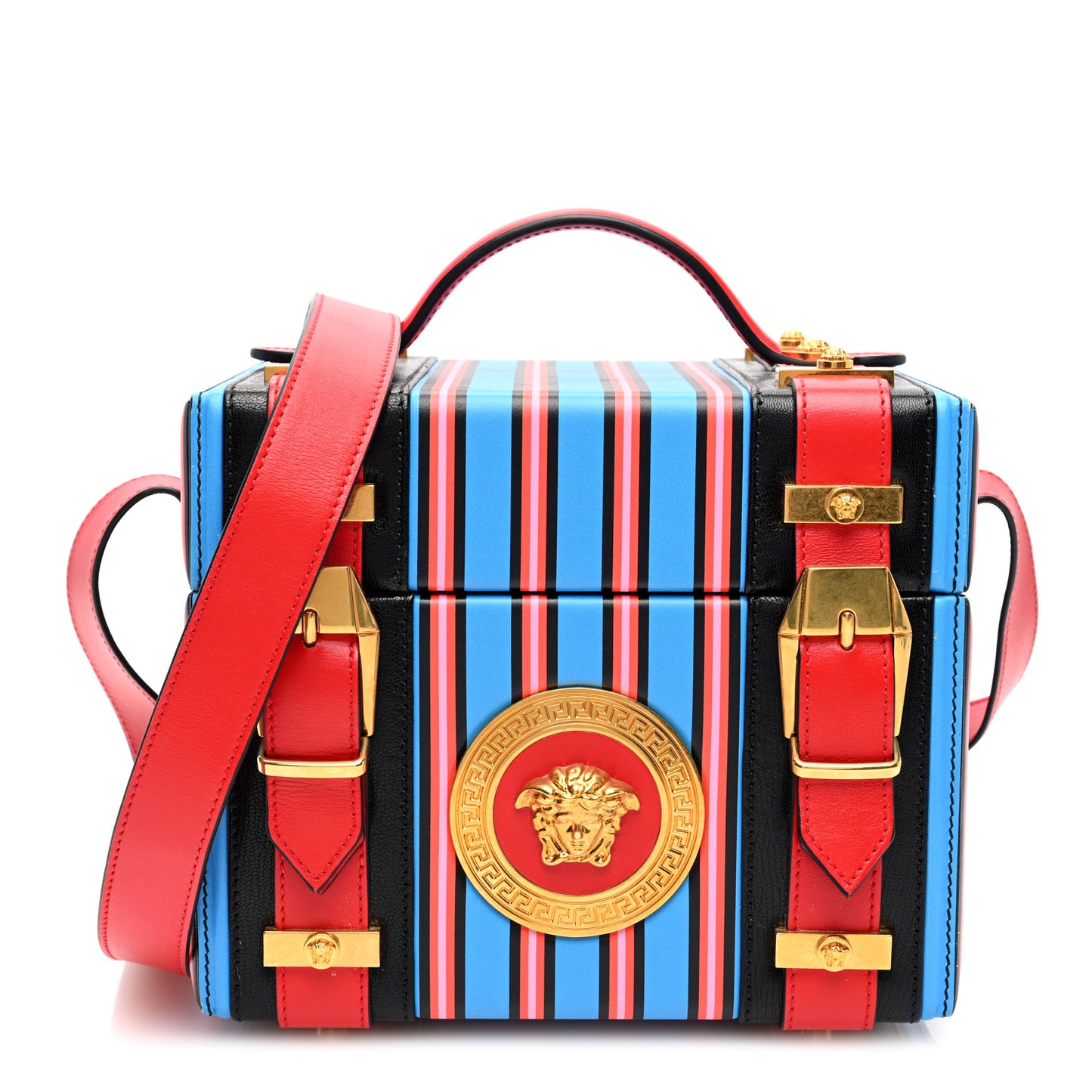 Calfskin Medusa Vanity Stripe Train Case Blue Red Multicolor