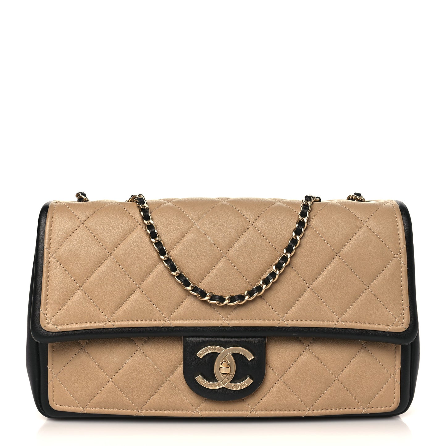 Calfskin Quilted Medium Graphic Flap Beige Black