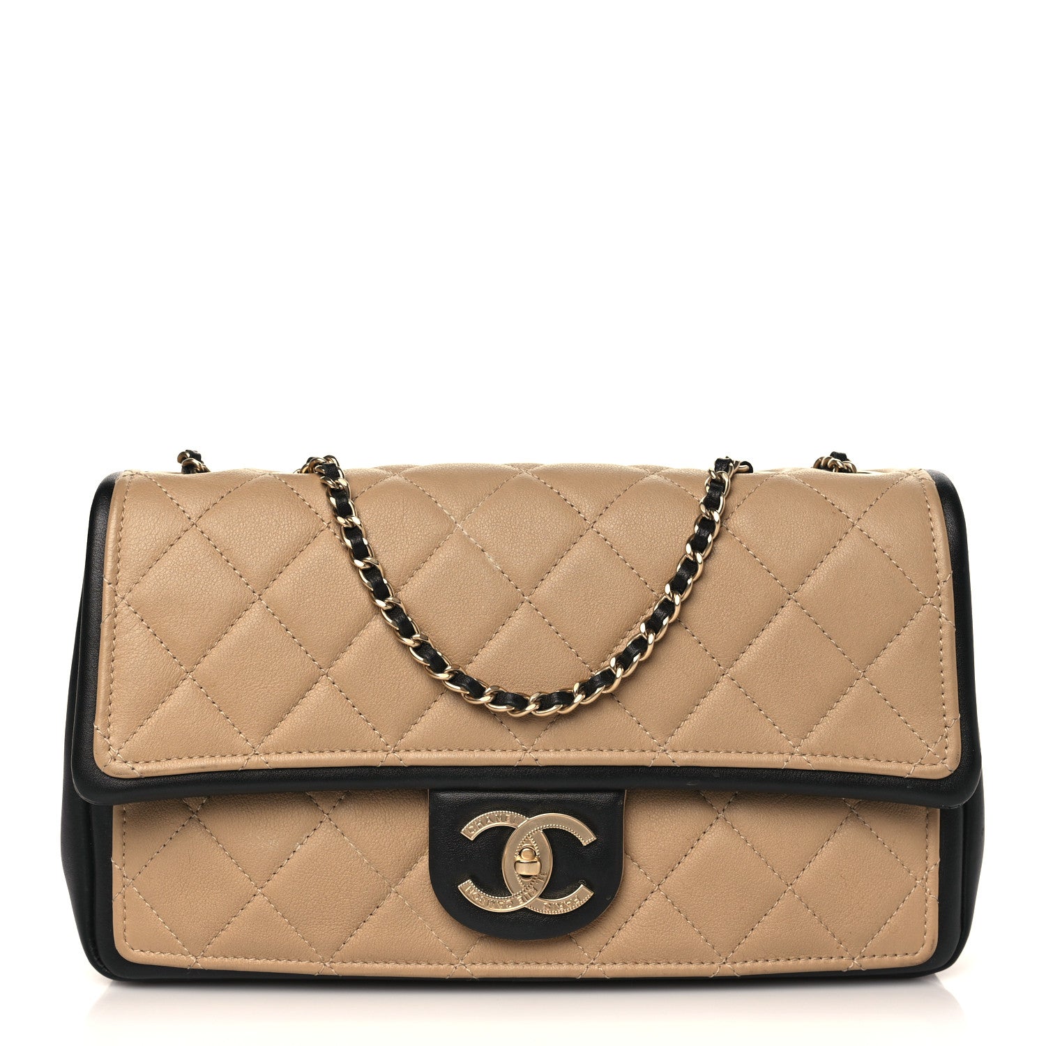 Chanel Calfskin Quilted Medium Graphic Flap Beige Black 1 of 10