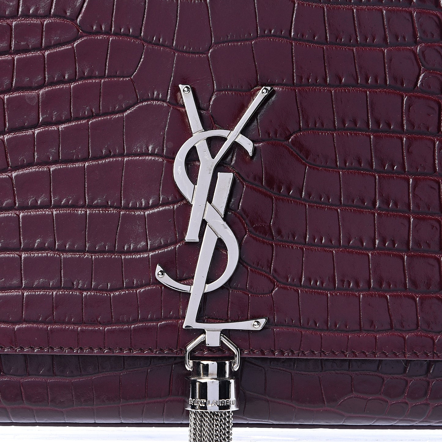 Calfskin Crocodile Embossed Medium Classic Monogram Kate Tassel Satchel Dark Red