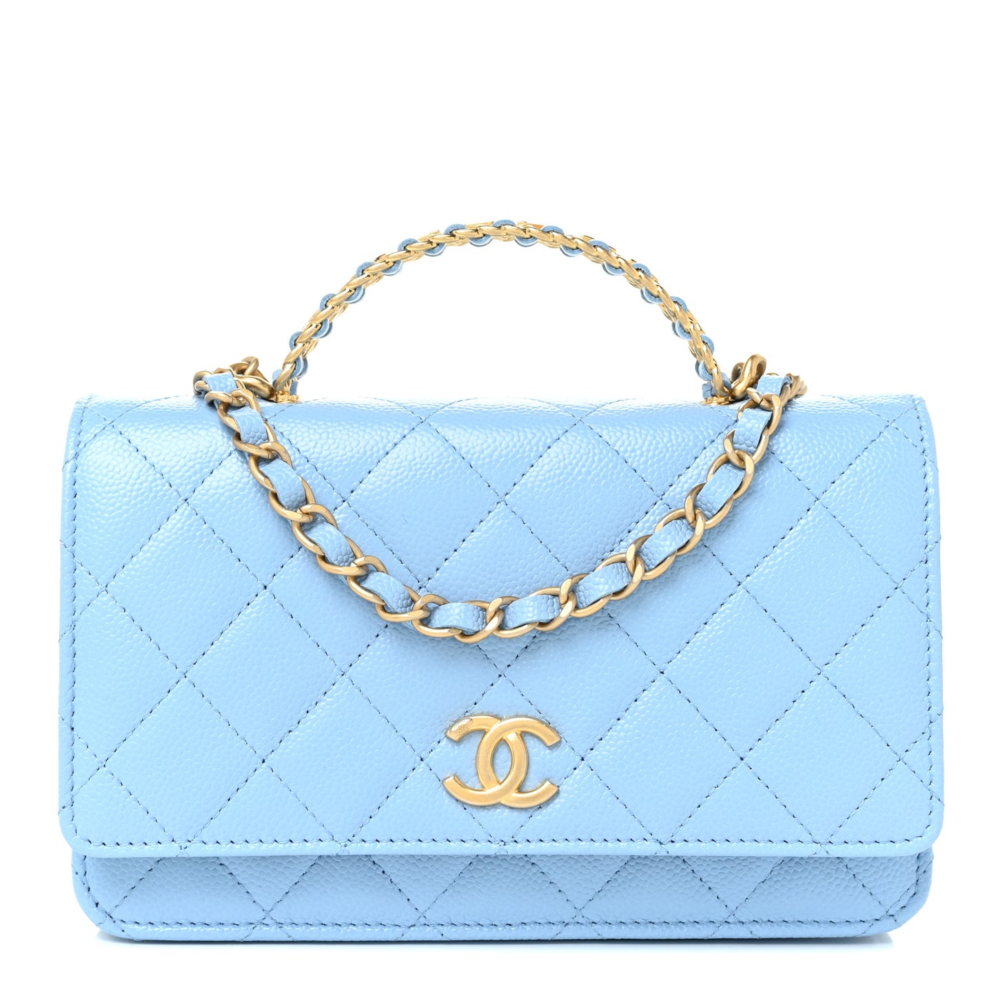 Shiny Caviar Quilted Pick Me Up Wallet On Chain WOC Blue