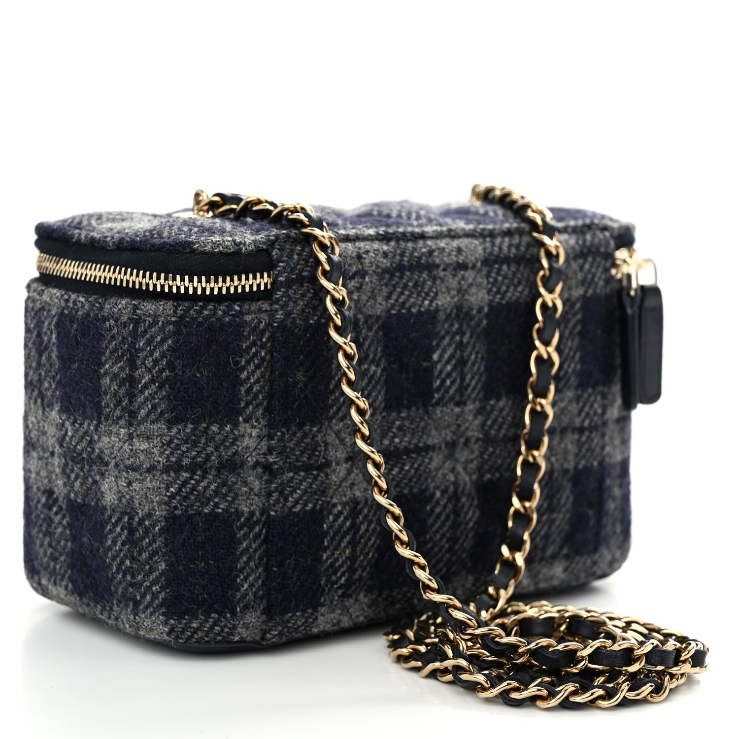 Chanel Wool Plaid Quilted Small Vanity Case With Chain Blue 3 of 11