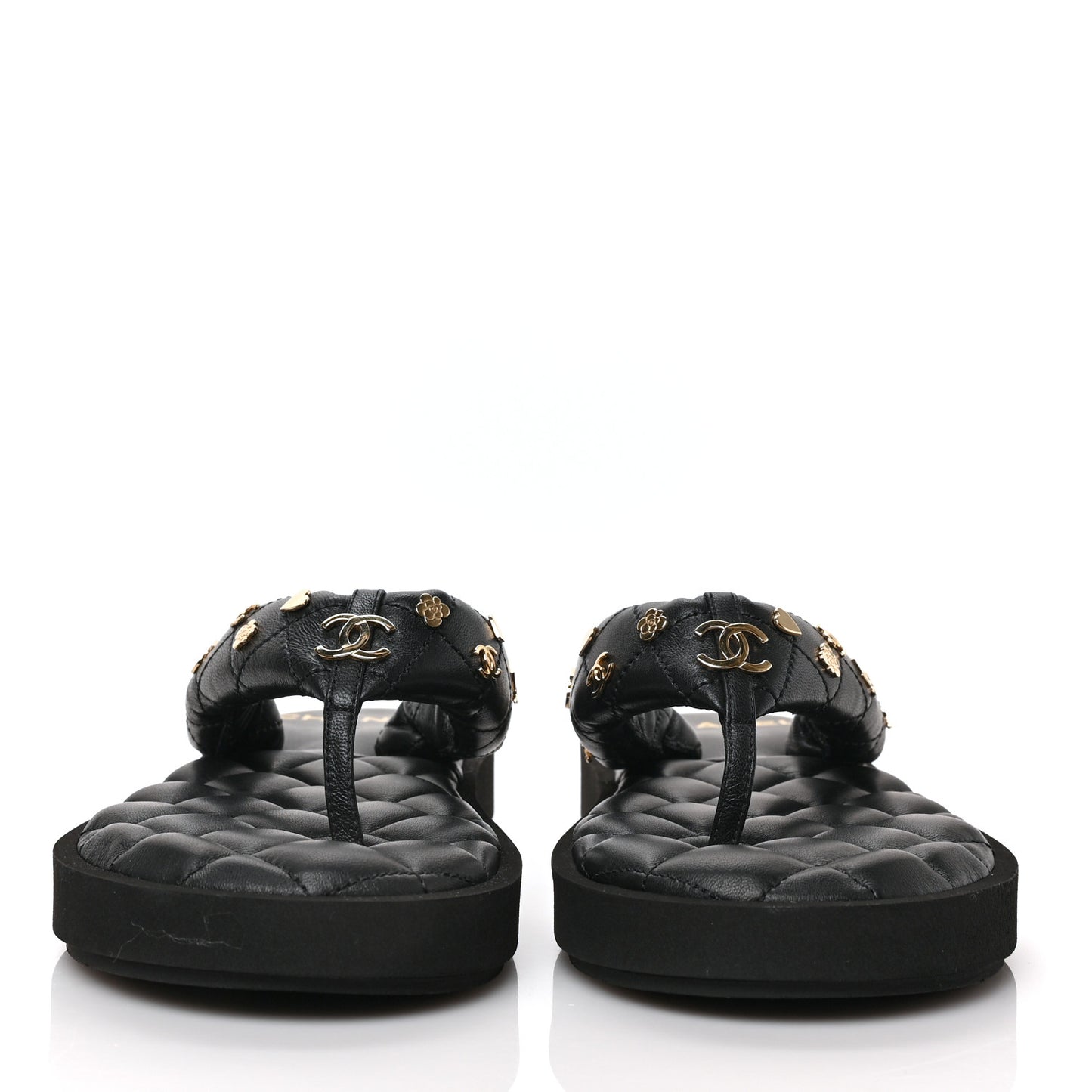 Lambskin Quilted Padded Charms Thong Sandals 39.5 Black
