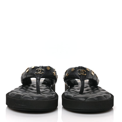 Chanel Lambskin Quilted Padded Charms Thong Sandals 39.5 Black 2 of 8