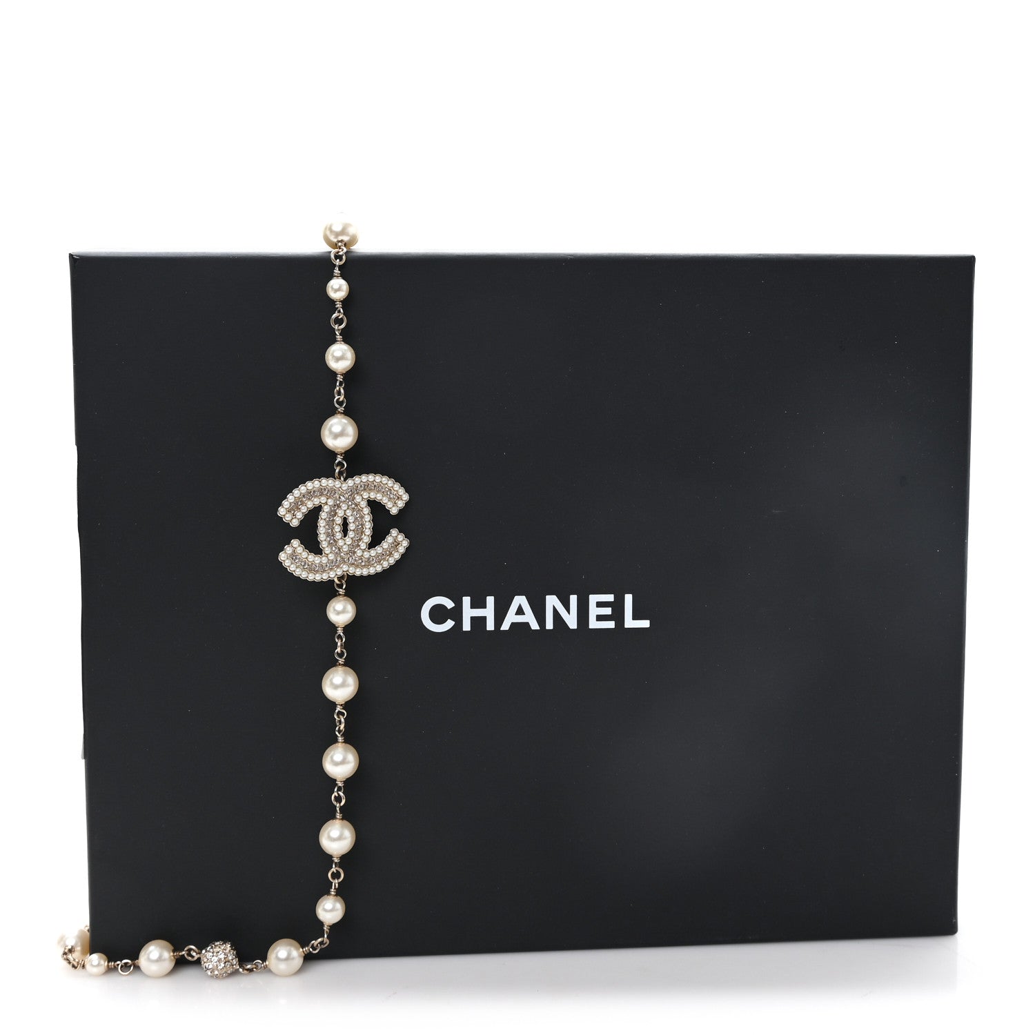 Chanel Graduated Pearl Crystal CC Long Necklace Gold Pearly White 6 of 6