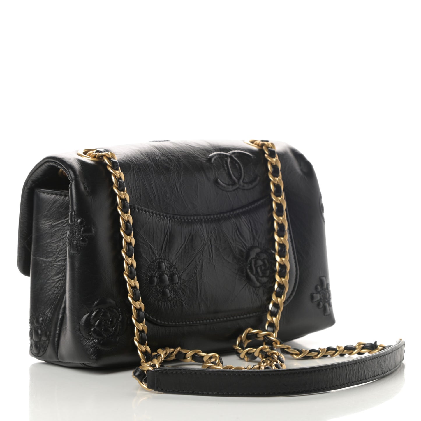 Aged Calfskin Embossed Camellia Flap Black