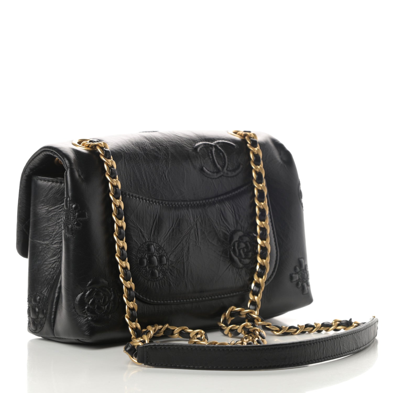 Chanel Aged Calfskin Embossed Camellia Flap Black 4 of 11