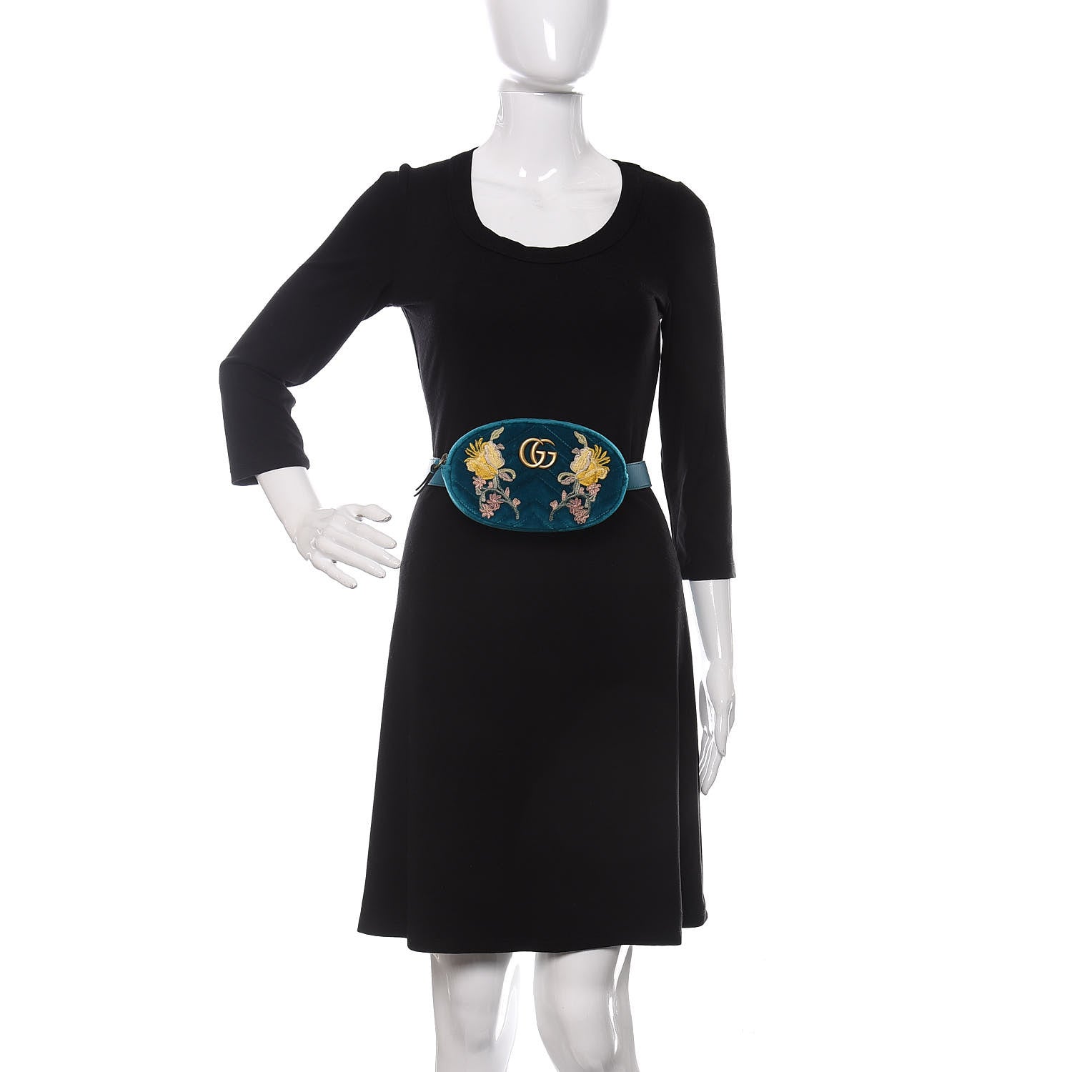 Gucci Velvet Matelasse Embroidered GG Marmont Belt Bag 95 38 Pavone Cyan 2 of 10