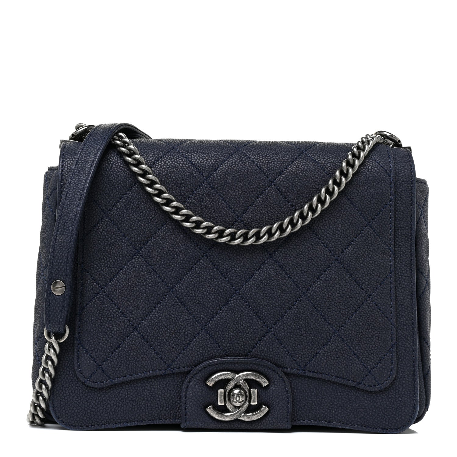 Chanel Washed Caviar Quilted Medium Turn Around Ligne Flap Navy 1 of 17
