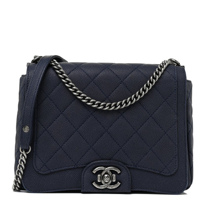 Chanel Washed Caviar Quilted Medium Turn Around Ligne Flap Navy 1 of 17