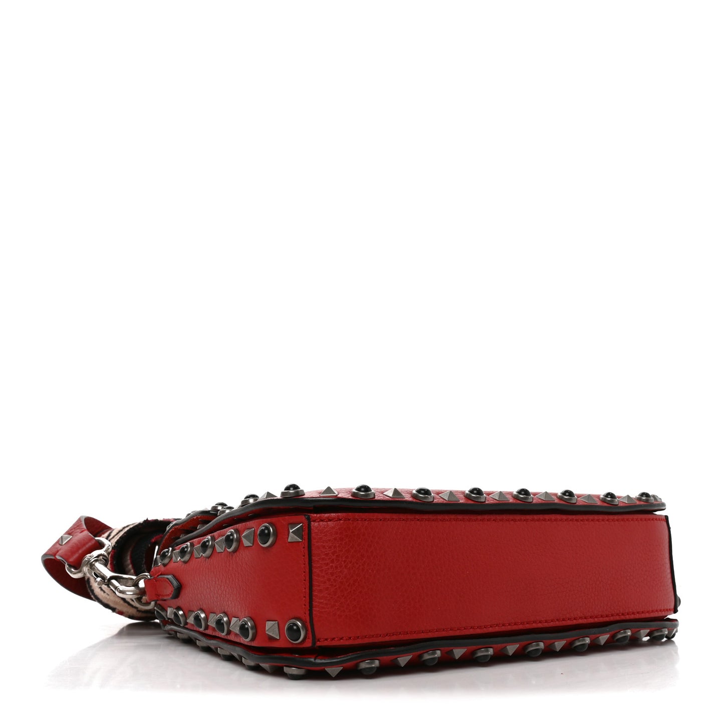 Grained Calfskin Onyx Medium Guitar Strap Rockstud Rolling Flap Saddle Bag Rosso Valentino