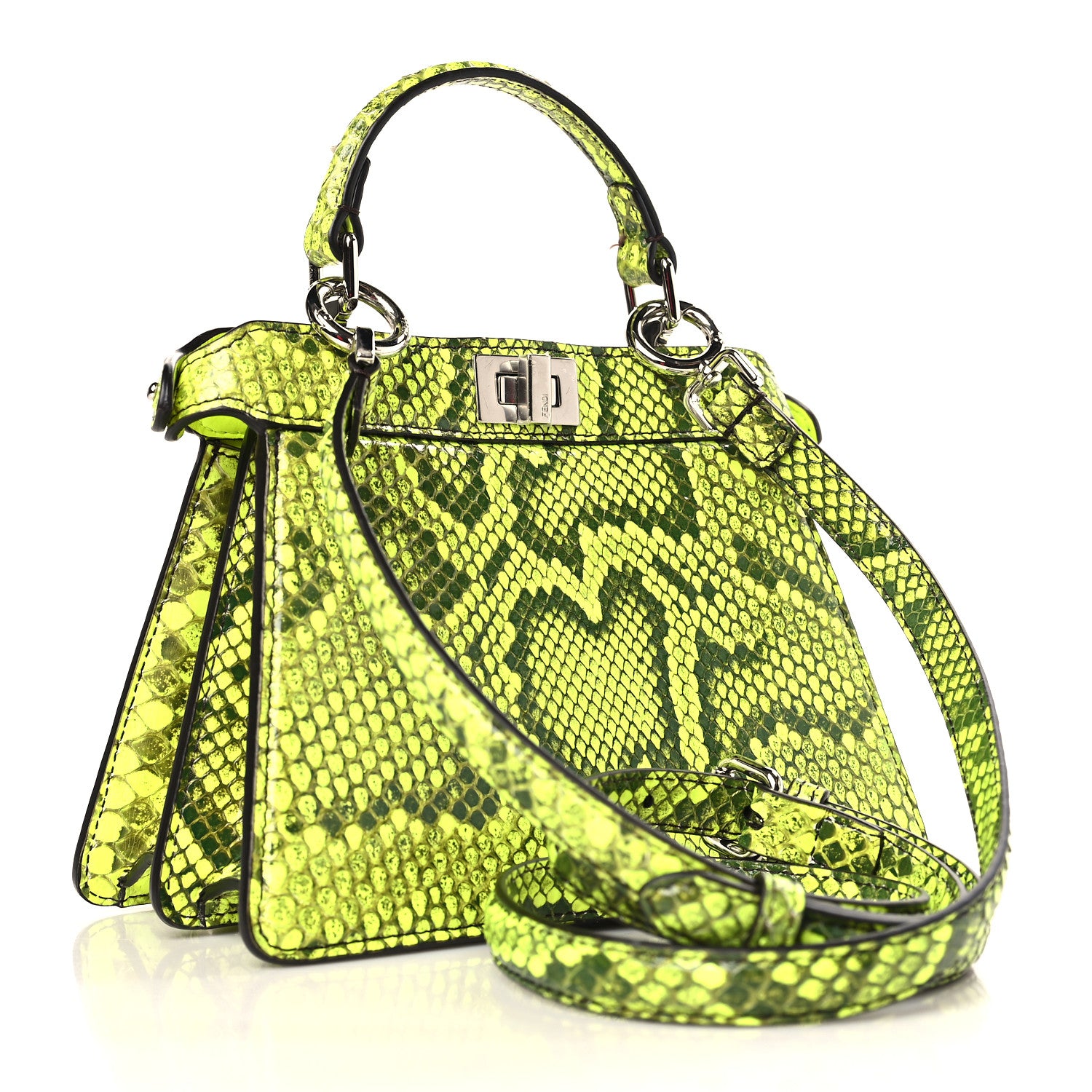 Fendi Snakeskin Shiny Nappa Petite Peekaboo I SEE U Satchel Yellow Fluo 3 of 8