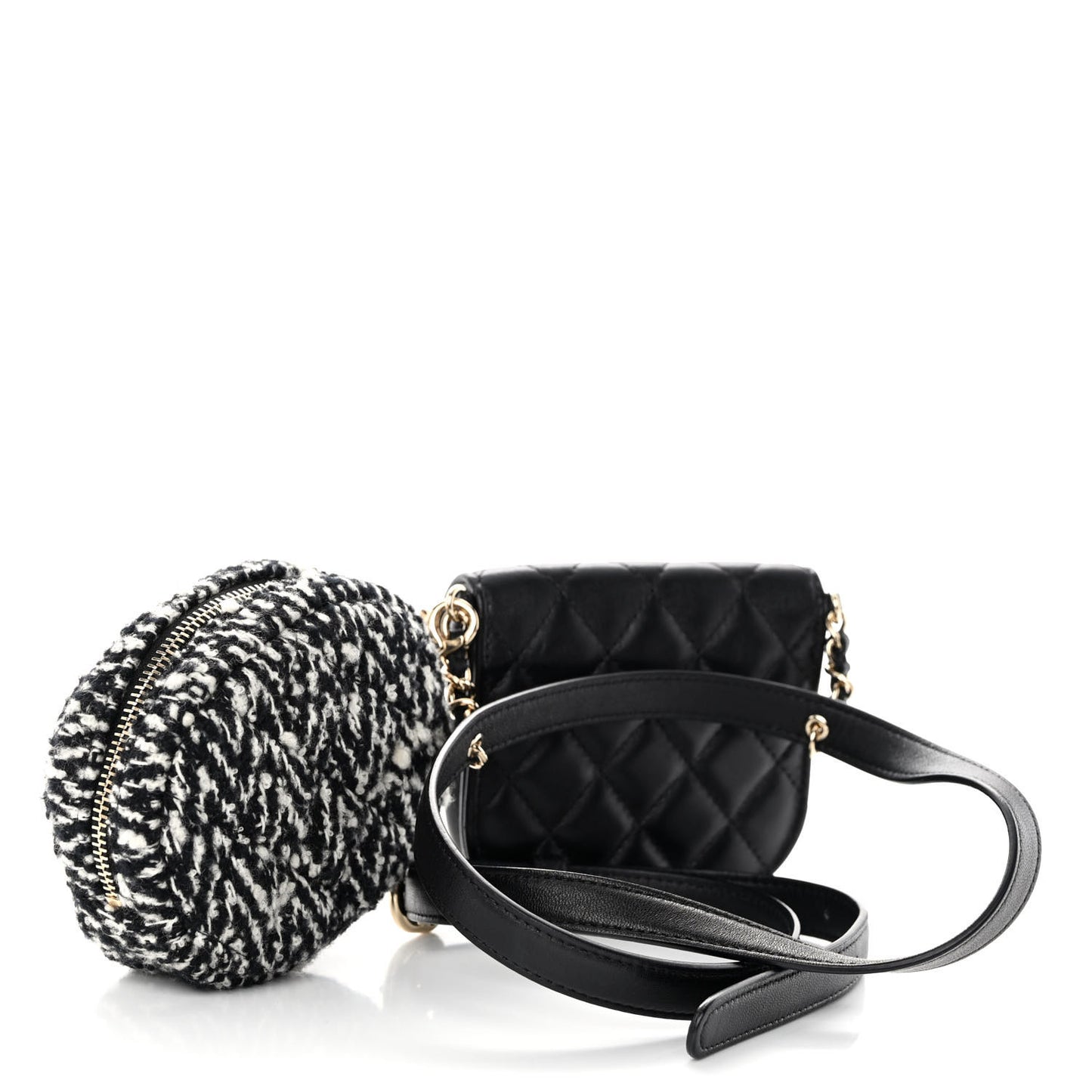 Tweed Lambskin Quilted Waist Bag With Coin Purse Black