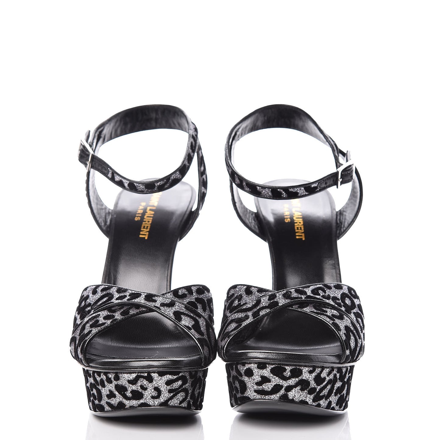 Velvet Glitter Leopard Print Platform Sandals 40 Argento Black