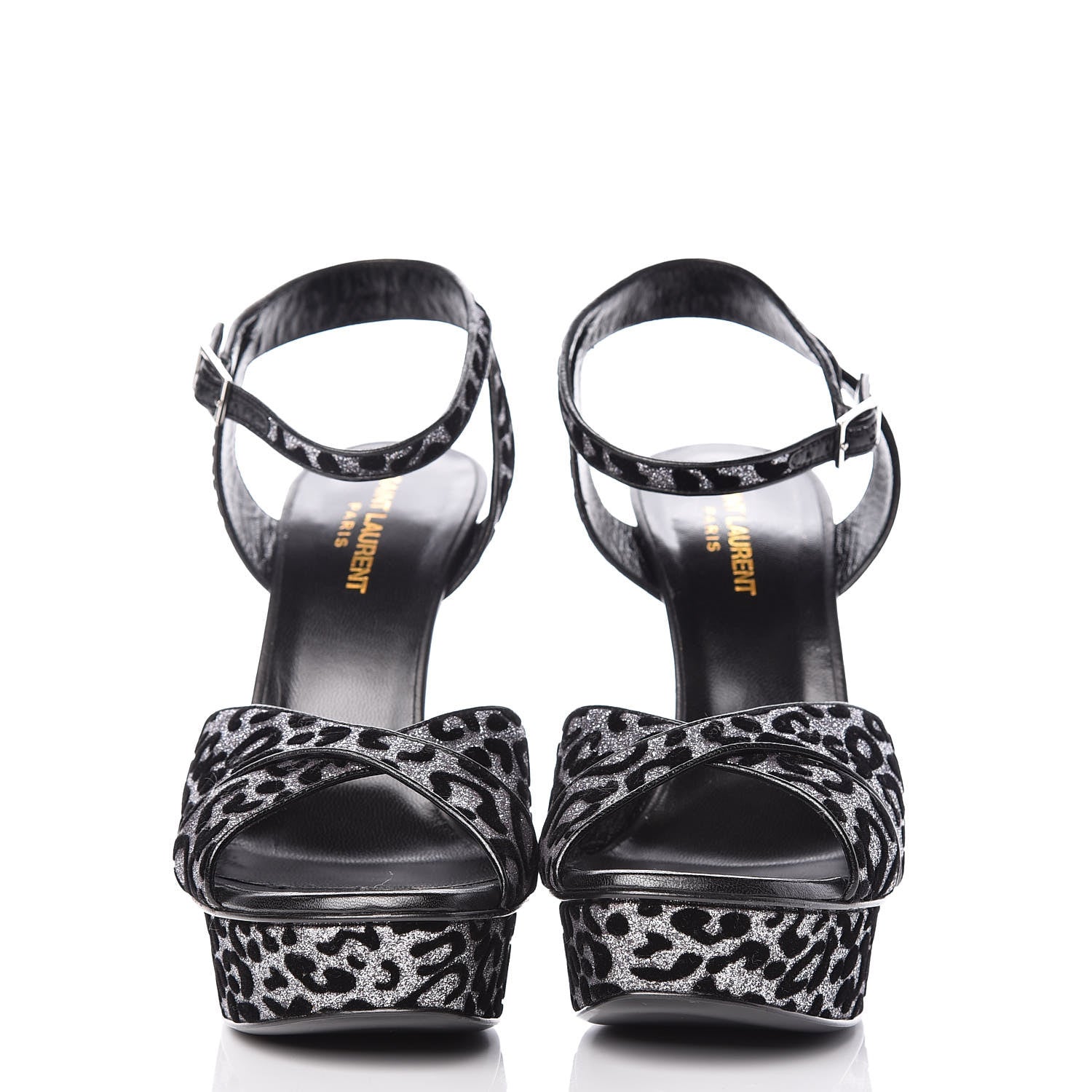 Saint Laurent Velvet Glitter Leopard Print Platform Sandals 40 Argento Black 4 of 18