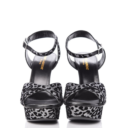 Saint Laurent Velvet Glitter Leopard Print Platform Sandals 40 Argento Black 4 of 18