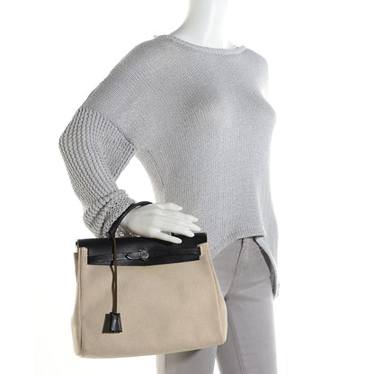 Hermes Vache Calfskin Toile Herbag 30 PM Noir Natural 2 of 14