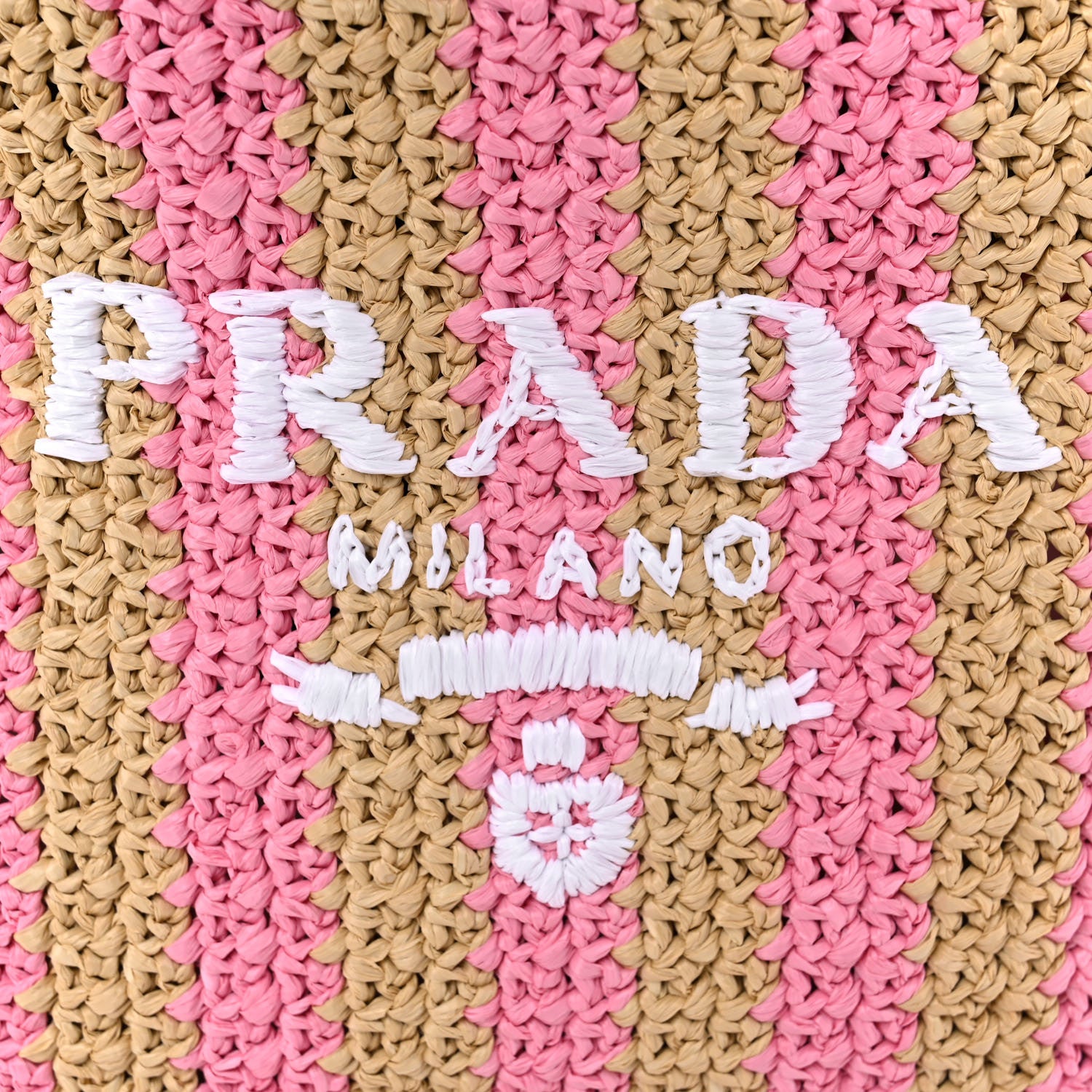 Prada Yarn Raffia Effect Crochet Striped Small Logo Tote Naturale Petalo 9 of 11