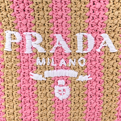 Prada Yarn Raffia Effect Crochet Striped Small Logo Tote Naturale Petalo 9 of 11