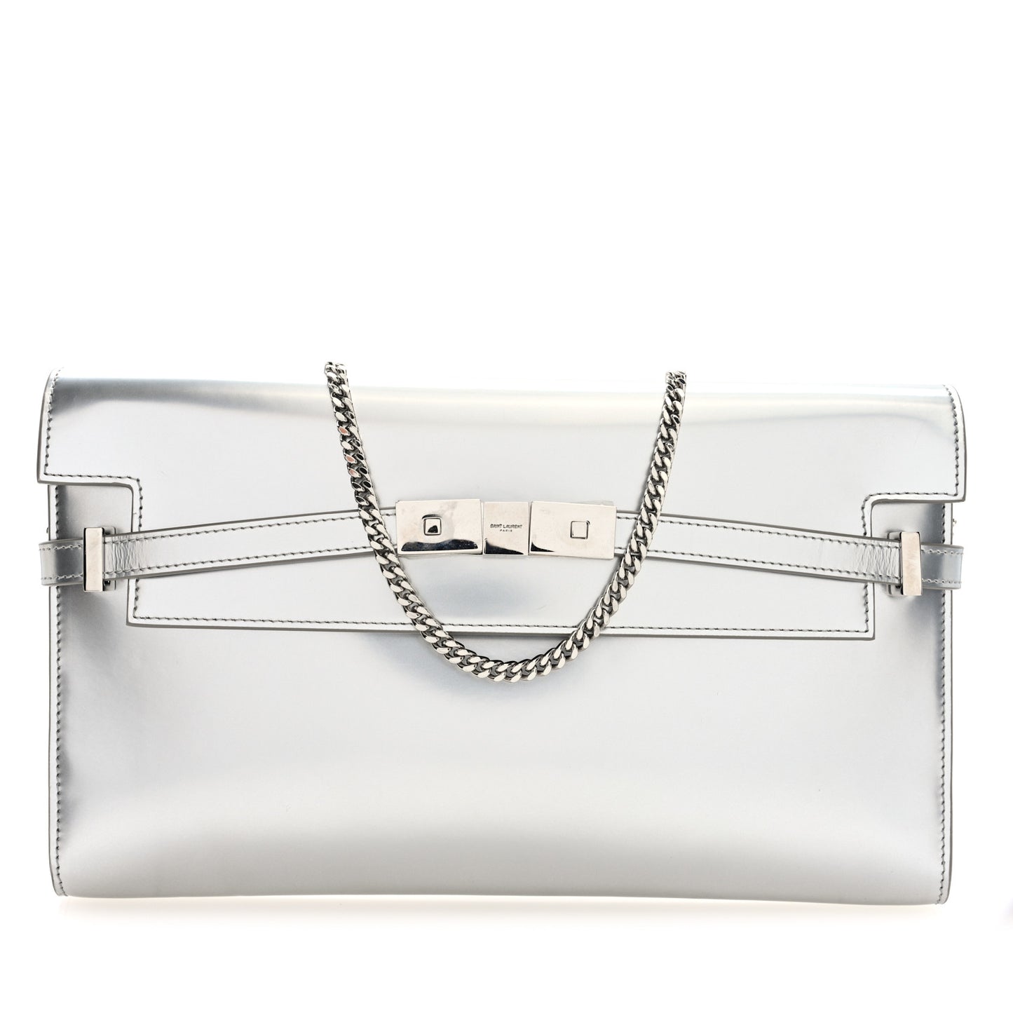 Metallic Calfskin Manhattan Chain Clutch Metal Argento