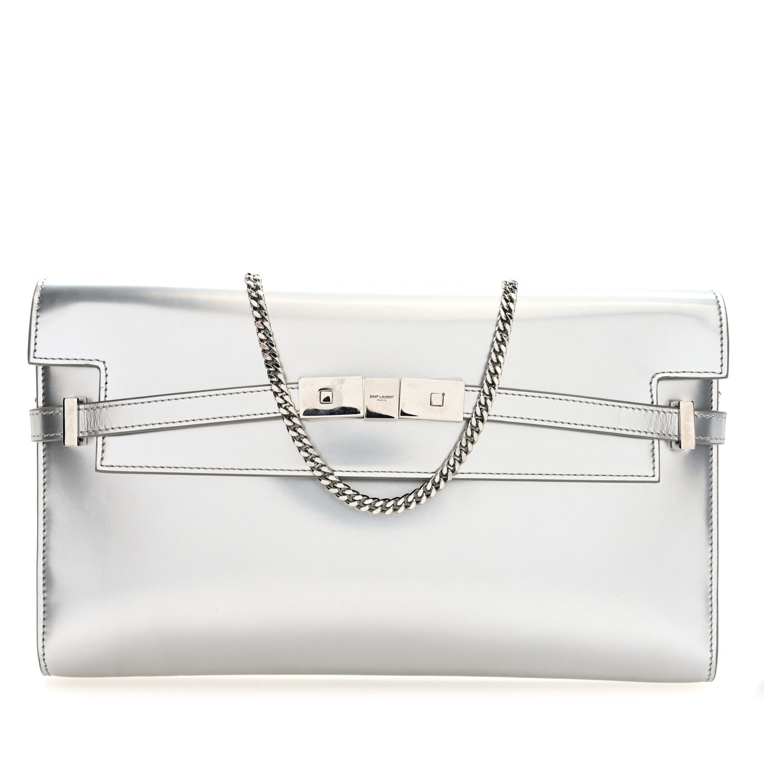 Saint Laurent Metallic Calfskin Manhattan Chain Clutch Metal Argento 1 of 9