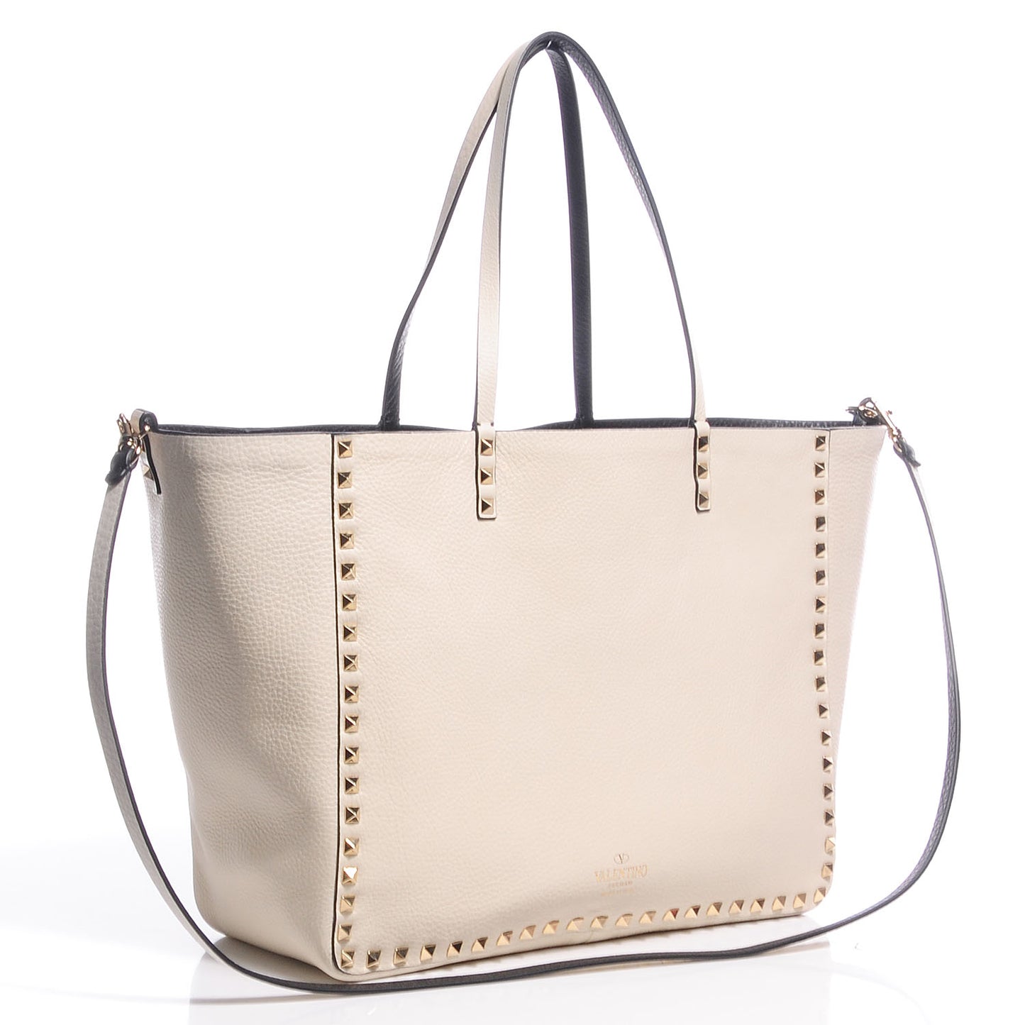 Pebbled Calfskin Medium Rockstud Reversible Tote Black Light Ivory